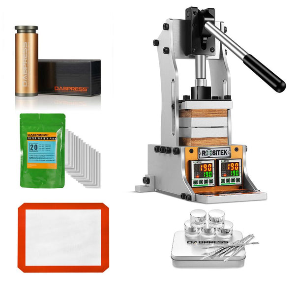 Operating view of ROSITEK COLIBRI RMP2 manual rosin press showing the 12.3-inch extra-long leverage handle and portable anti-tip base design