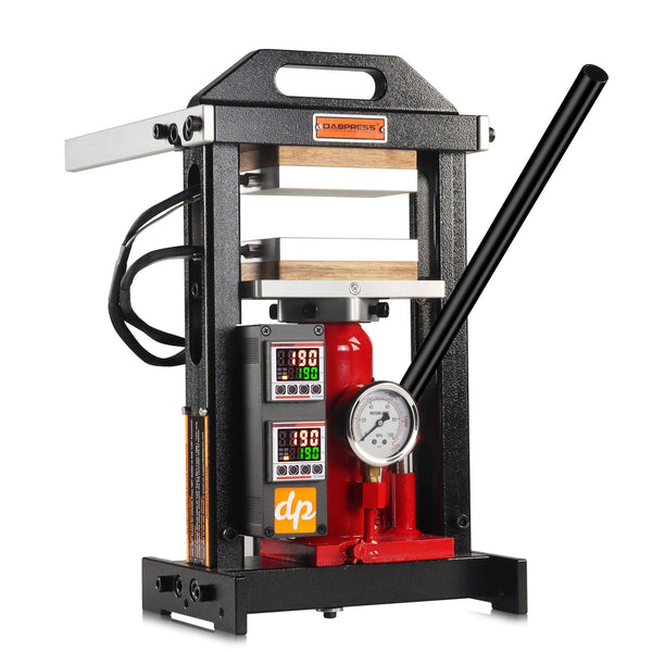 Operating DABPRESS Amberiflow BJ6T35G 6-ton hydraulic rosin press with pump handle on workbench