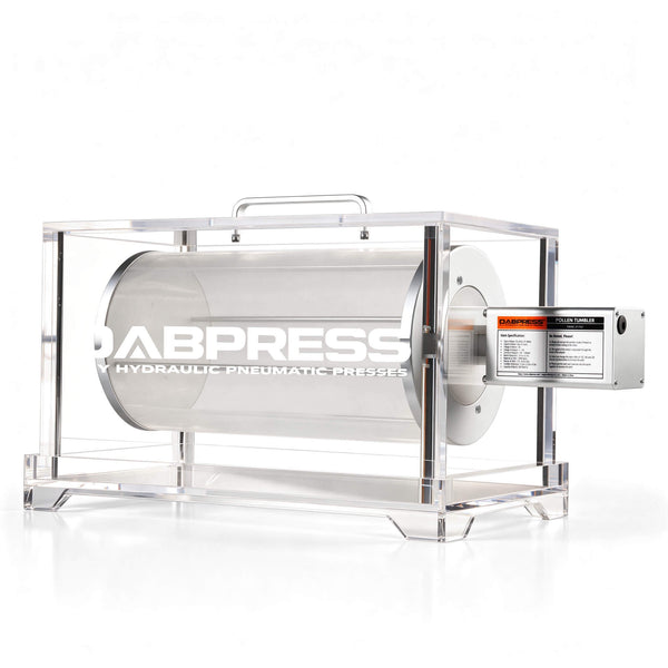 DABPRESS VORTICE 150 PT02Y motorized pollen tumbler with open clear acrylic lid and drum chamber
