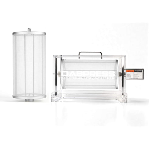 Removable acrylic drum detached from DABPRESS VORTICE 150 motorized base for cold extraction prep